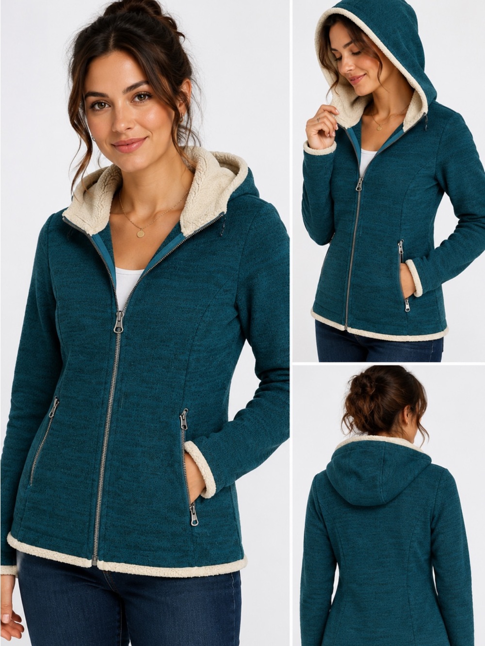 KUHL teal beige Sherpa lined fleece hoodie jacket size s hiking, camping, fall